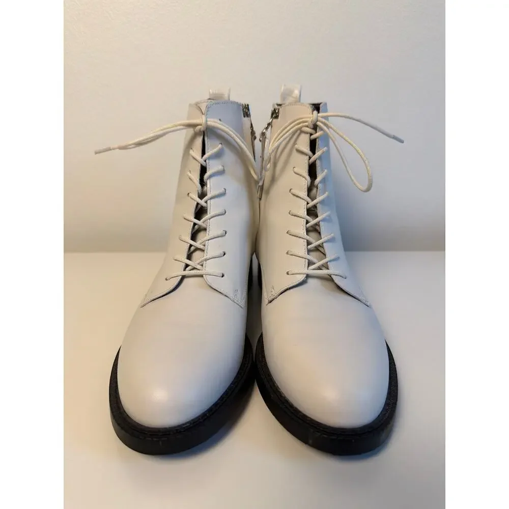 Sam Edelman Nina White Leather Lace Up Side Zip Ankle Combat Boots | Size 7M/37